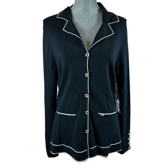 Tesori Sweater Jacket Blazer Cardigan Womens Sz L Black White Trim Button Up NOS - Picture 1 of 16